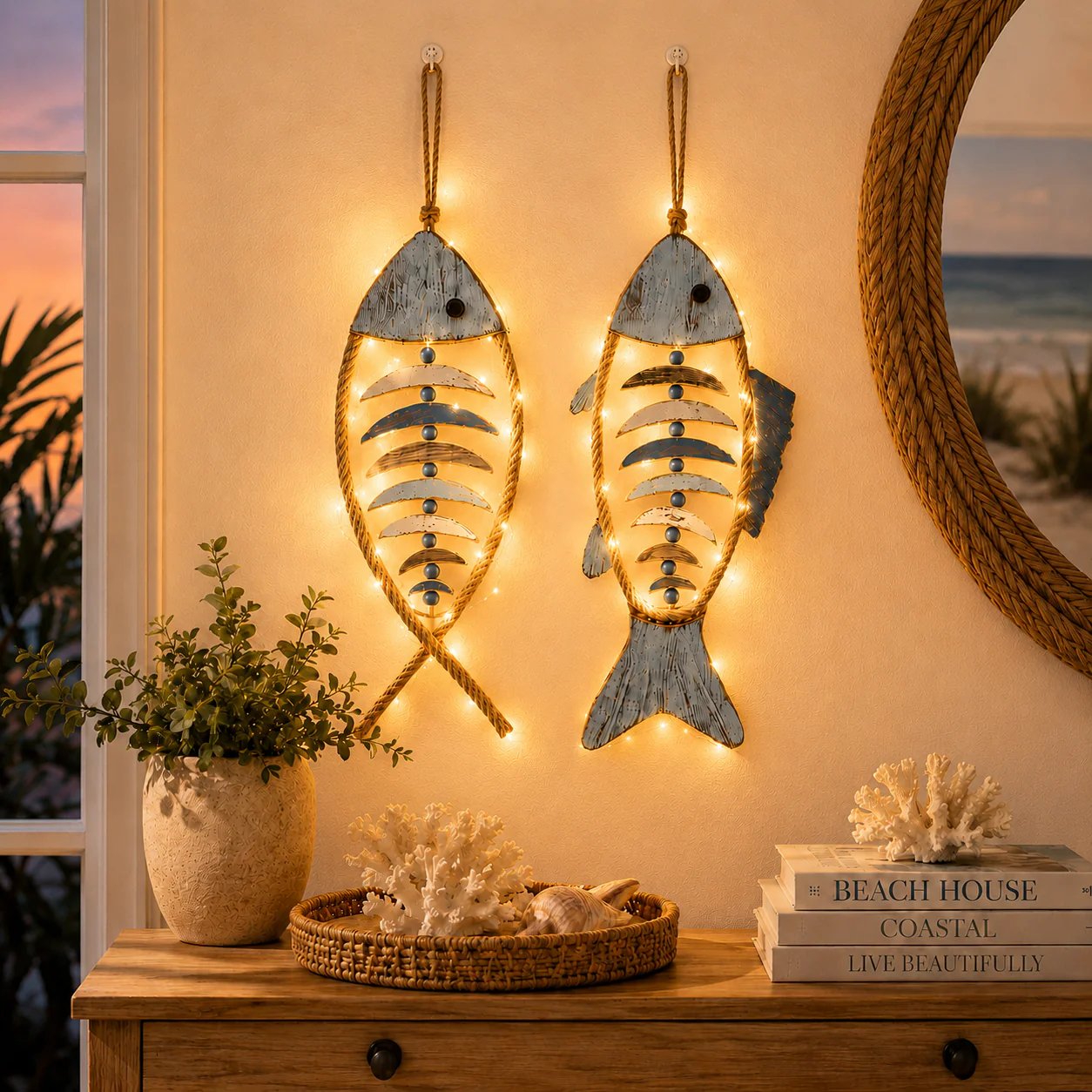 🐟✨ Lighted Coastal Rope Fish Wall Hanging