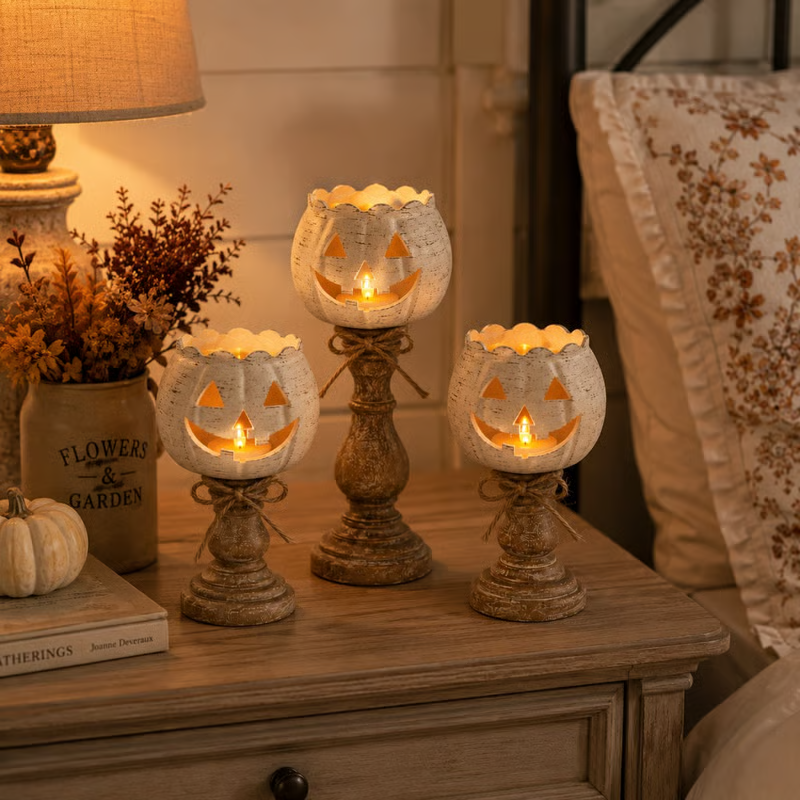 🕯 Set of 3 Rustic White Pumpkin Tealight Candle Holders | Layered Farmhouse Fall Decor For Halloween & Thanksgiving