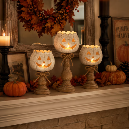 🕯 Set of 3 Rustic White Pumpkin Tealight Candle Holders | Layered Farmhouse Fall Decor For Halloween & Thanksgiving