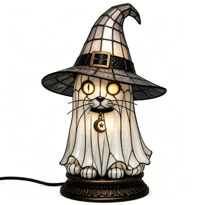 Gothic Stained Glass Witch Black Cat Table Lamp | Halloween Witch Hat Night Light Decor