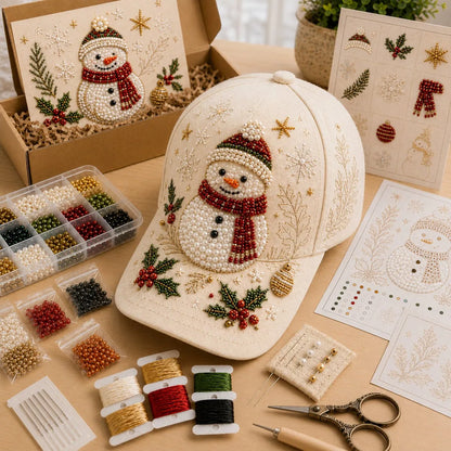 🎄🧢 Premium Christmas Beaded Hat DIY Kit | Luxury Flocked Canvas with Scratch-Resistant Non-Fading Pearl Beads DIY Handmade Holiday Cap Decor 🎅🪡✨
