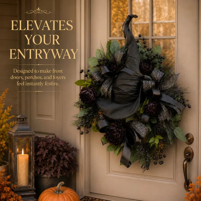 🧙Premium Gothic Black Rose Witch Hat Wreath – Haunting Elegant Halloween Front Door Statement Decor