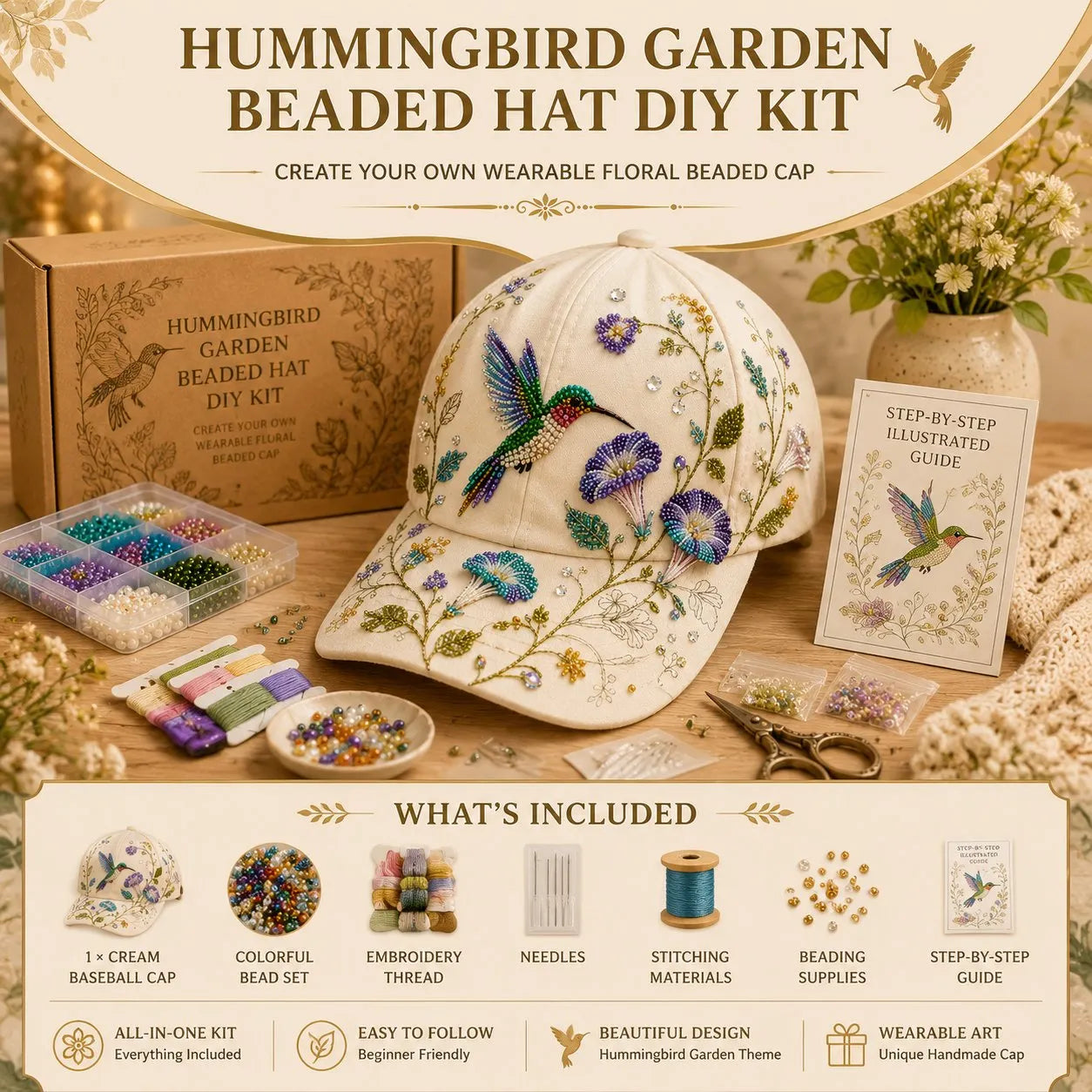 🐦🌸 Premium Hummingbird Garden Beaded Hat DIY Kit | DIY Handmade Floral Cap Decor 🌿🪡✨
