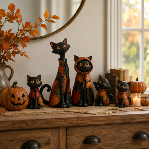 Whimsical Patchwork Black Cat Family