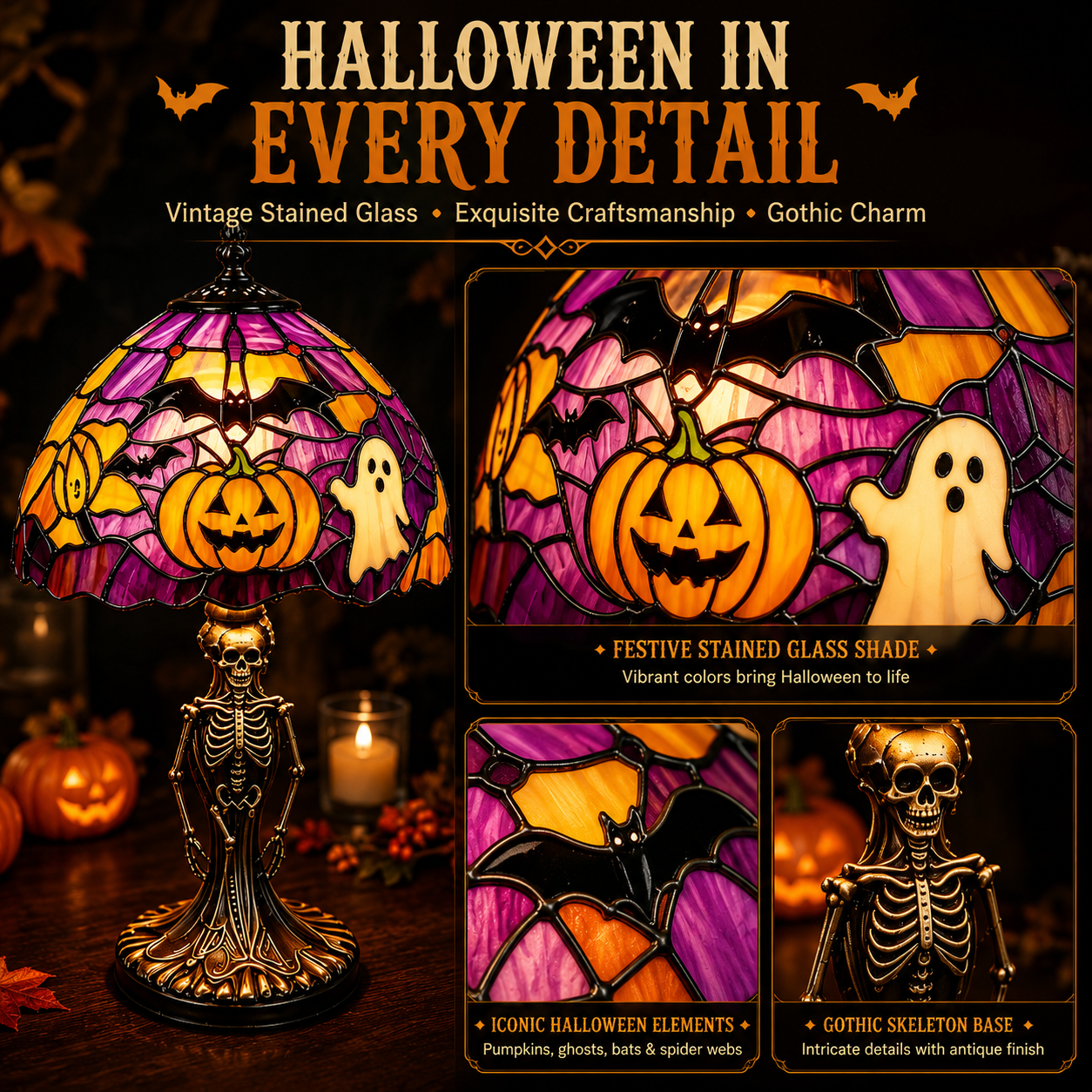 🎃 Halloween Stained Glass Skeleton Table Lamp | USB Gothic Night Light
