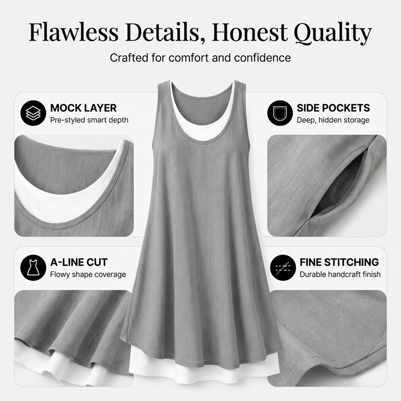 💃Women's Casual Loose Sleeveless Fake Two Piece Tank Dress