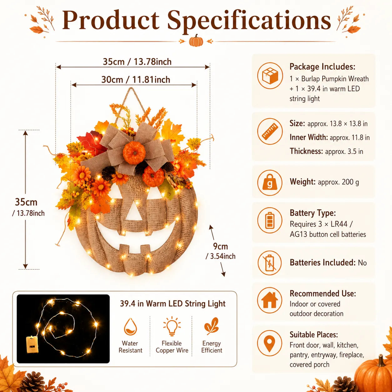 Lighted Burlap Pumpkin Wreath 🎃✨ Cozy Fall Door Decor with Warm LED String Lights