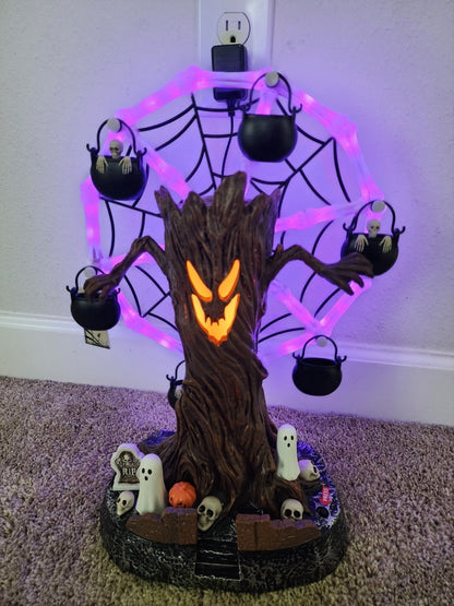 Rotating Halloween Ghost Tree Ferris Wheel Table Decor, LED Light Up Skeleton Spider Web Spooky Figurine with Sound