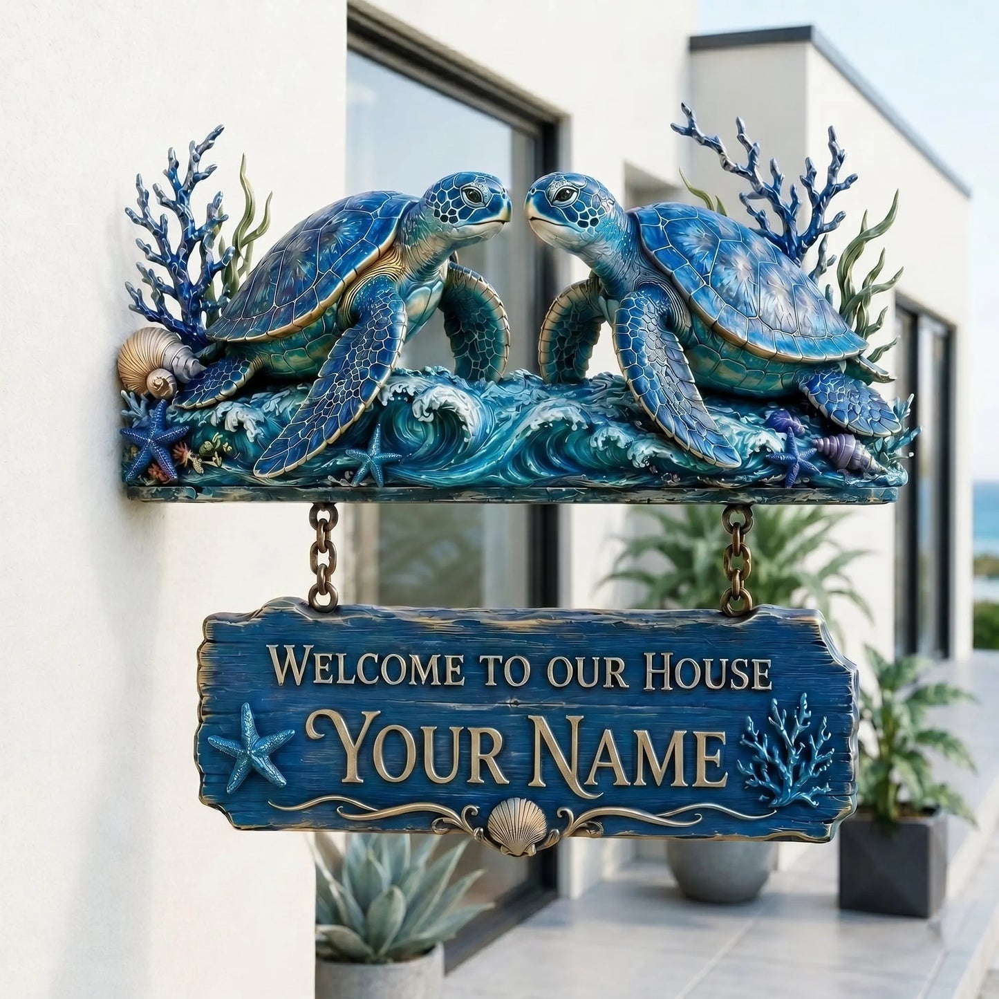 🐢 Personalized Nautical Sea Turtle Welcome Sign – Coastal Wall Decor for Home