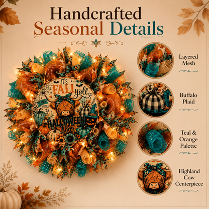 🍂Lighted Highland Cow Fall Halloween Wreath for Front Door