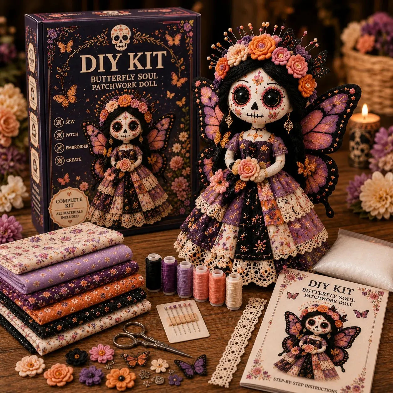 Day of the Dead Patchwork Doll DIY Kit | Handmade Fabric Craft with Floral Details