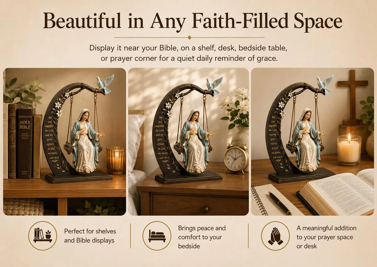 ✝️ Blessed Mary Cradle Swing Ornament – Luke 1:46–47 Faith Table Decor | Holy Virgin Prayer Sculpture with Dove & Crescent Arch Home Decoration