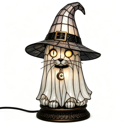 🐈 Gothic Stained Glass Witch Black Cat Table Lamp | Halloween Witch Hat Night Light Decor