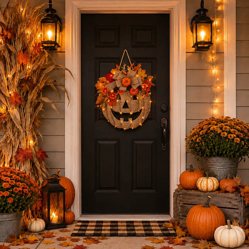 Lighted Burlap Pumpkin Wreath 🎃✨ Cozy Fall Door Decor with Warm LED String Lights
