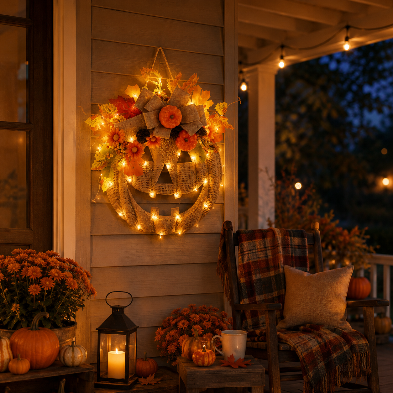 Lighted Burlap Pumpkin Wreath 🎃✨ Cozy Fall Door Decor with Warm LED String Lights