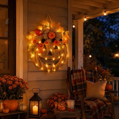 Lighted Burlap Pumpkin Wreath 🎃✨ Cozy Fall Door Decor with Warm LED String Lights