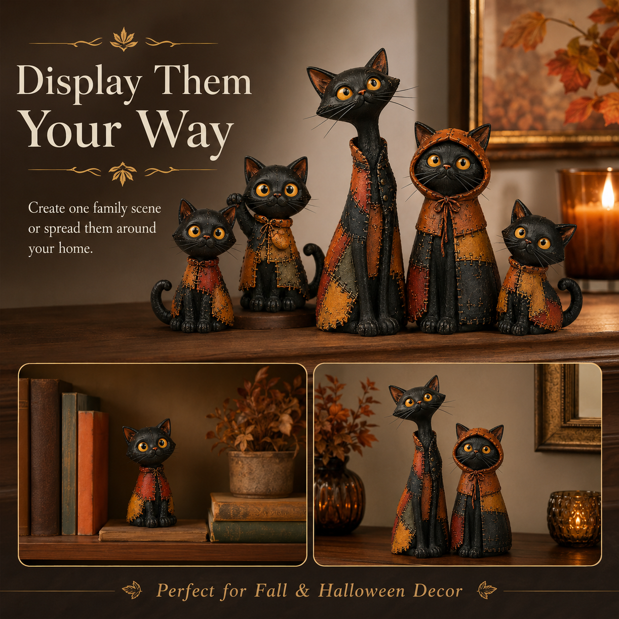 Whimsical Patchwork Black Cat Family