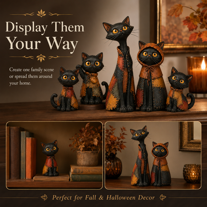 Whimsical Patchwork Black Cat Family