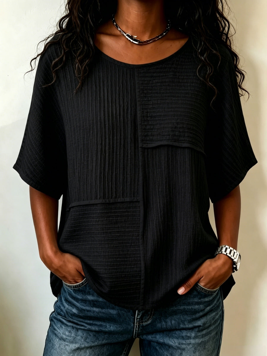 🔥CLEARANCE SALE🔥Women's Textured Patchwork Top with Round Neck and Short Sleeves