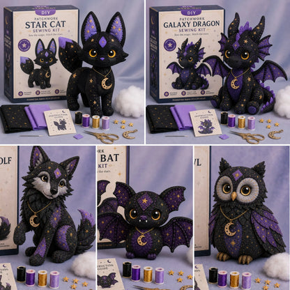 Mystic Patchwork Animal Sewing Kit – DIY Plush Craft Kit with Starry Fabric, Moon Charm & Step-by-Step Instructions