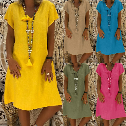 🔥Women's Dress Summer Linen Dresses Casual V Neck Midi Dress