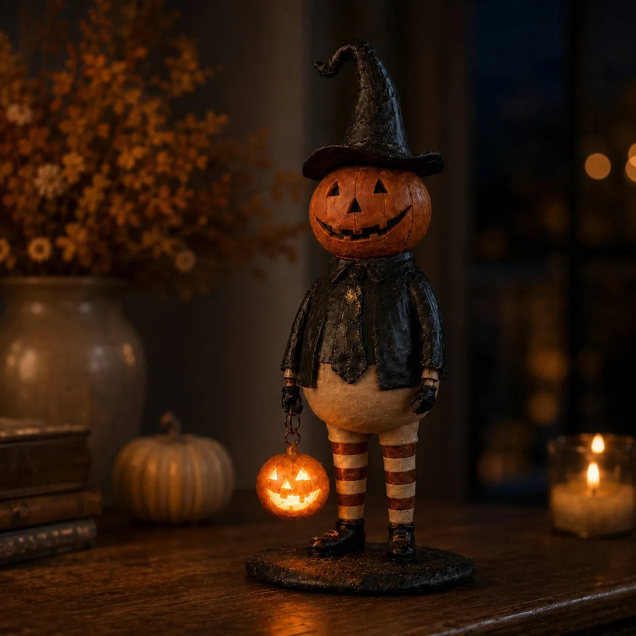 🎃Halloween Pumpkin Head Figurine with Lighted Handheld Pumpkin Lantern