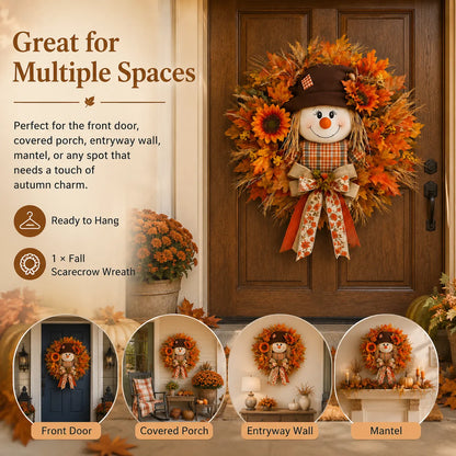 🍂🌻 Lighted Scarecrow Fall Wreath for Front Door