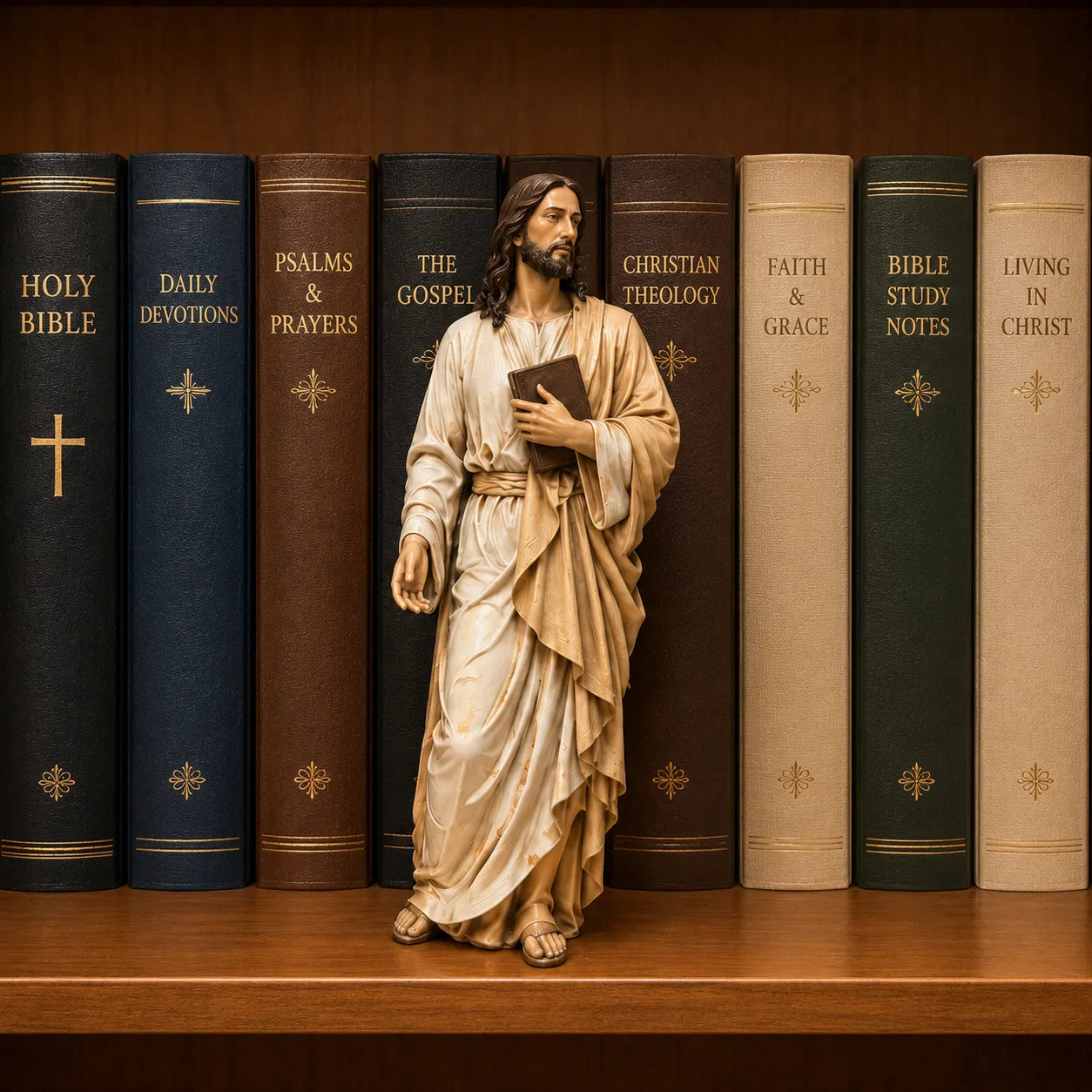 Jesus Figurine Bookshelf Decor Set – Christian Faith-Inspired Statues for Bible Study Room, Prayer Corner & Home Décor