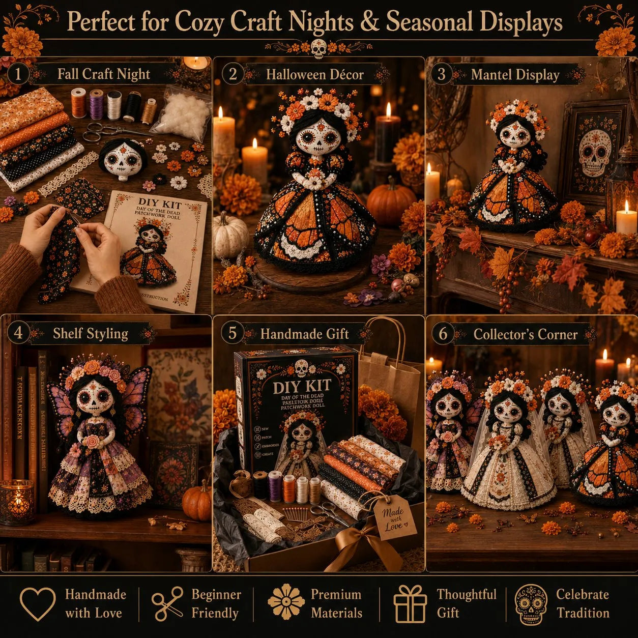 Day of the Dead Patchwork Doll DIY Kit | Handmade Fabric Craft with Floral Details