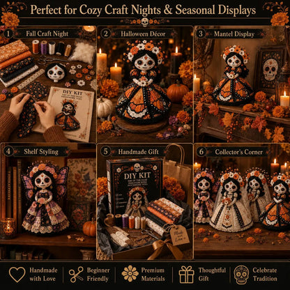 Day of the Dead Patchwork Doll DIY Kit | Handmade Fabric Craft with Floral Details