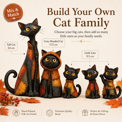 Whimsical Patchwork Black Cat Family