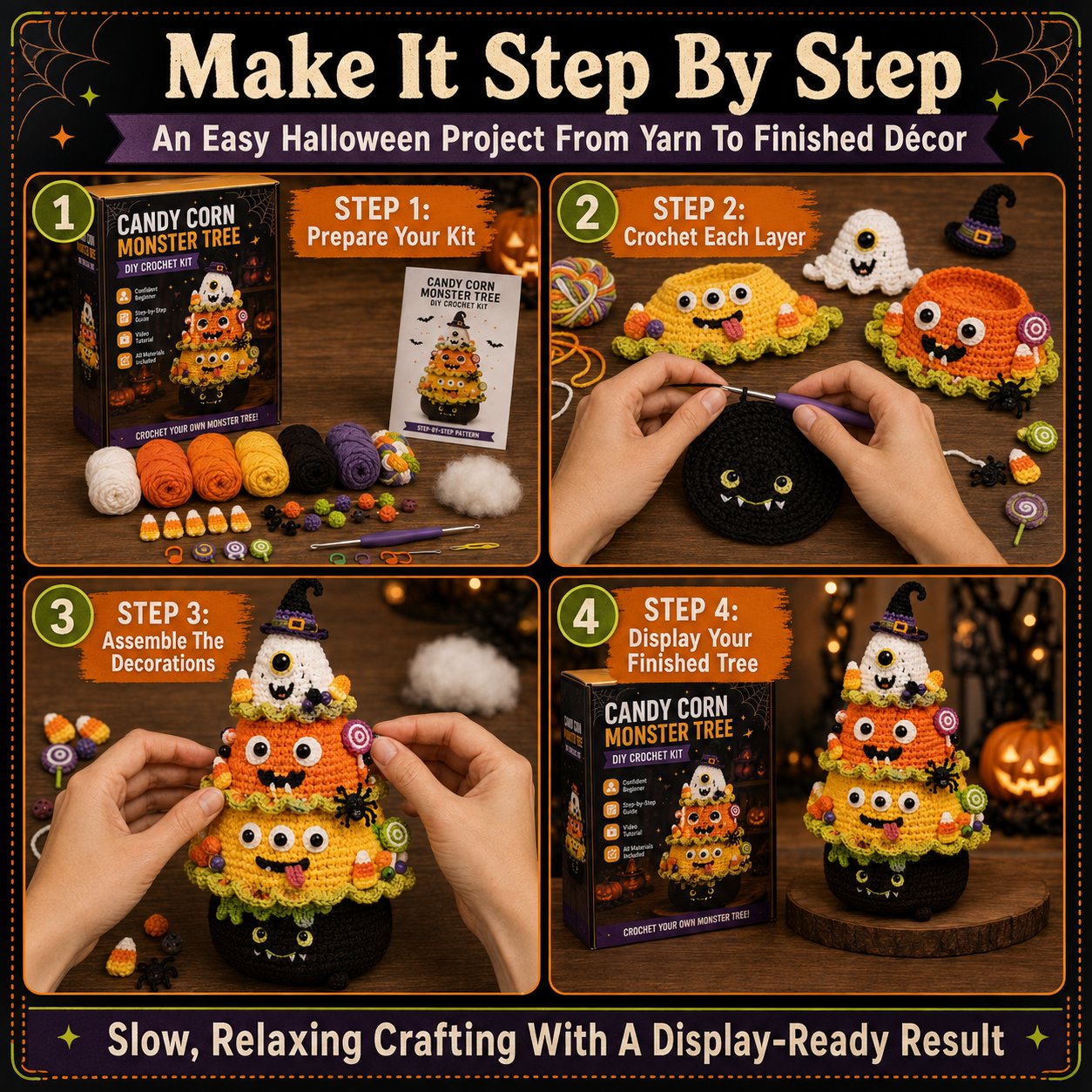 🎃Halloween Tree DIY Crochet Kit | All-In-One Kit for a Layered 7-Inch Spooky Tabletop Decoration 🧶👻✨