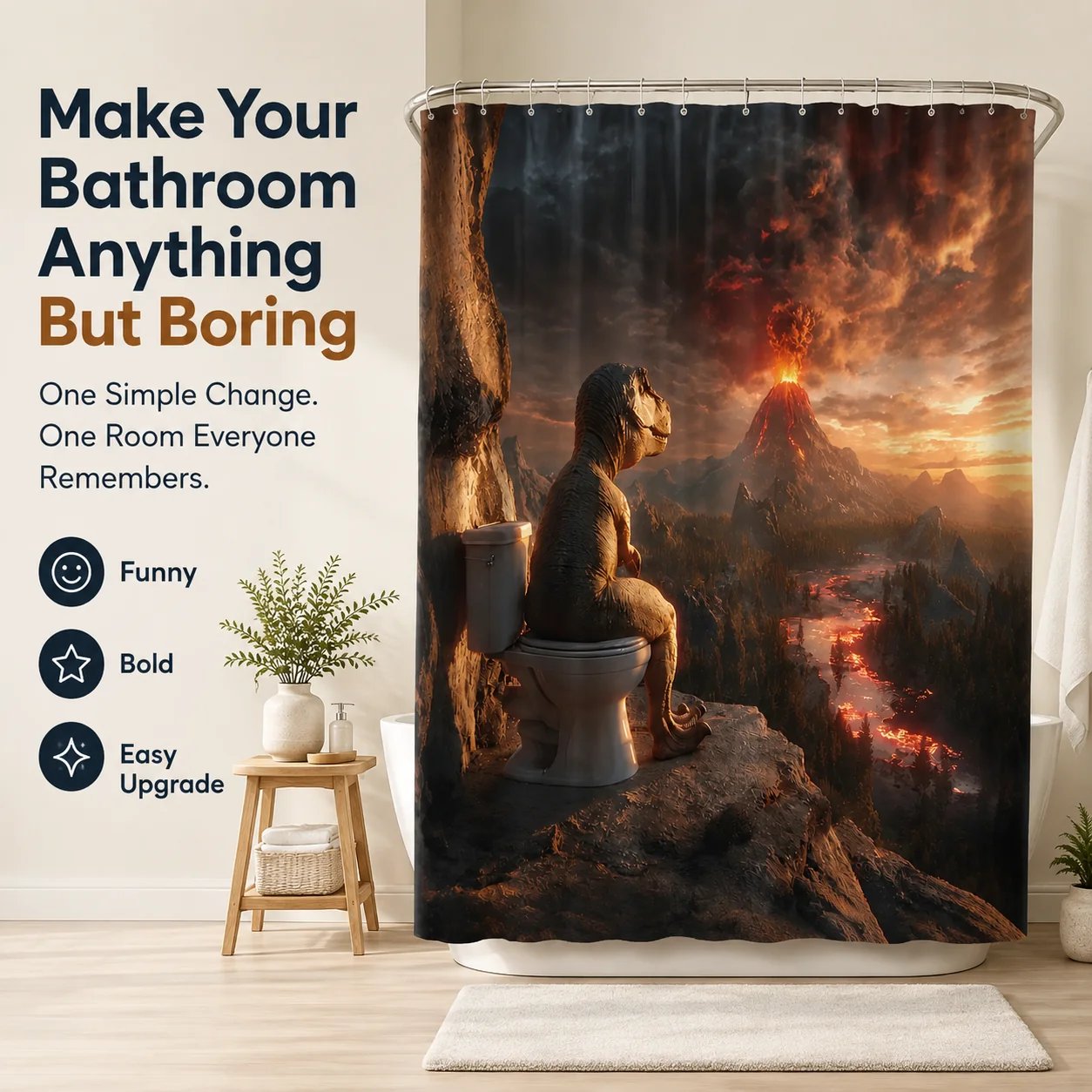 🦖🚽Fun Dinosaur Volcano Bathroom Shower Curtain🤣(📦Buy 2 Free Shipping)
