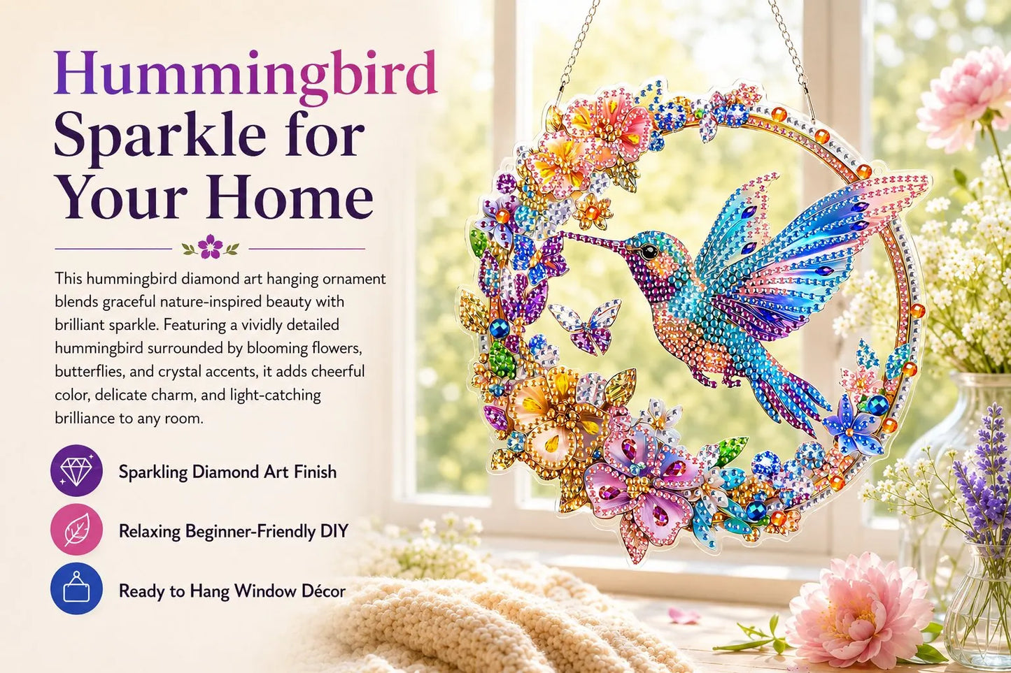 💥LAST DAY 49% OFF - Hummingbird Diamond Art Hanging Ornament Kit – Sparkling DIY Window Ornament 🐦✨