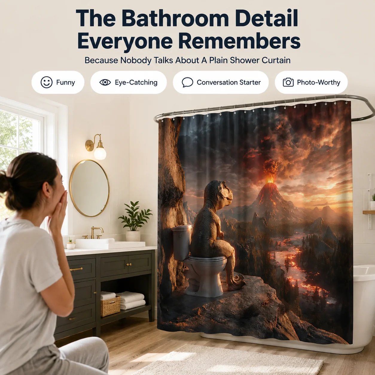 🦖🚽Fun Dinosaur Volcano Bathroom Shower Curtain🤣(📦Buy 2 Free Shipping)