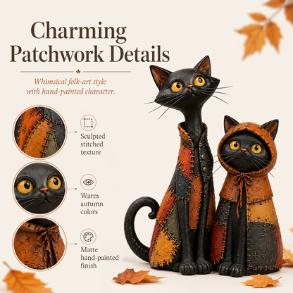 Whimsical Patchwork Black Cat Family
