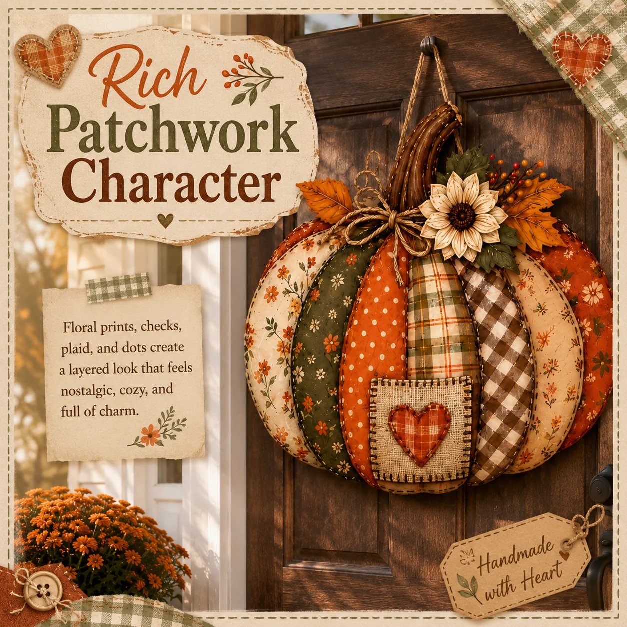 🍂🎃Autumn Retro Patchwork Pumpkin Door Hanging with Lights
