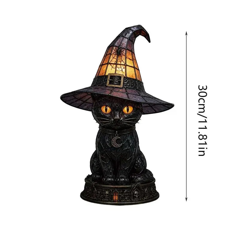 Gothic Stained Glass Witch Black Cat Table Lamp | Halloween Witch Hat Night Light Decor