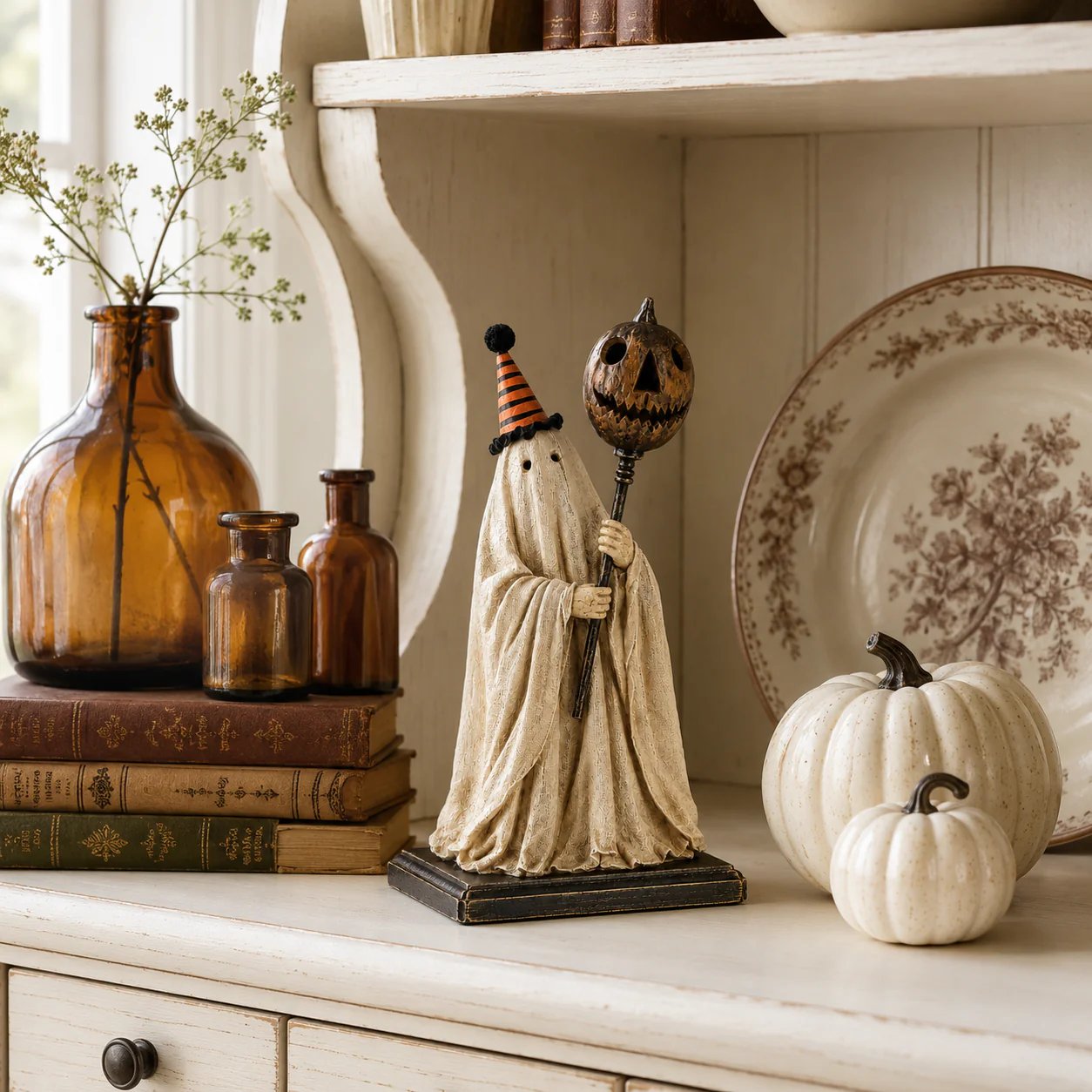 🎃✨Lighted Vintage Ghost Figurine with Glowing Pumpkin Staff