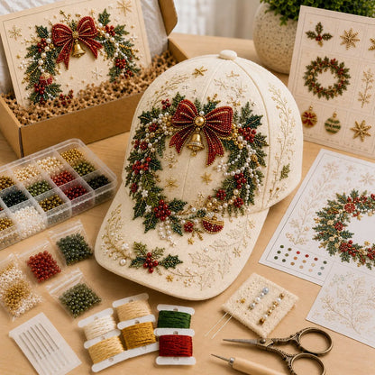 🎄🧢 Premium Christmas Beaded Hat DIY Kit | Luxury Flocked Canvas with Scratch-Resistant Non-Fading Pearl Beads DIY Handmade Holiday Cap Decor 🎅🪡✨