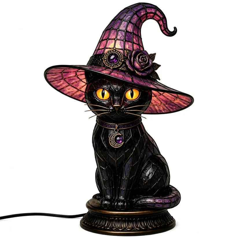 Gothic Stained Glass Witch Black Cat Table Lamp | Halloween Witch Hat Night Light Decor