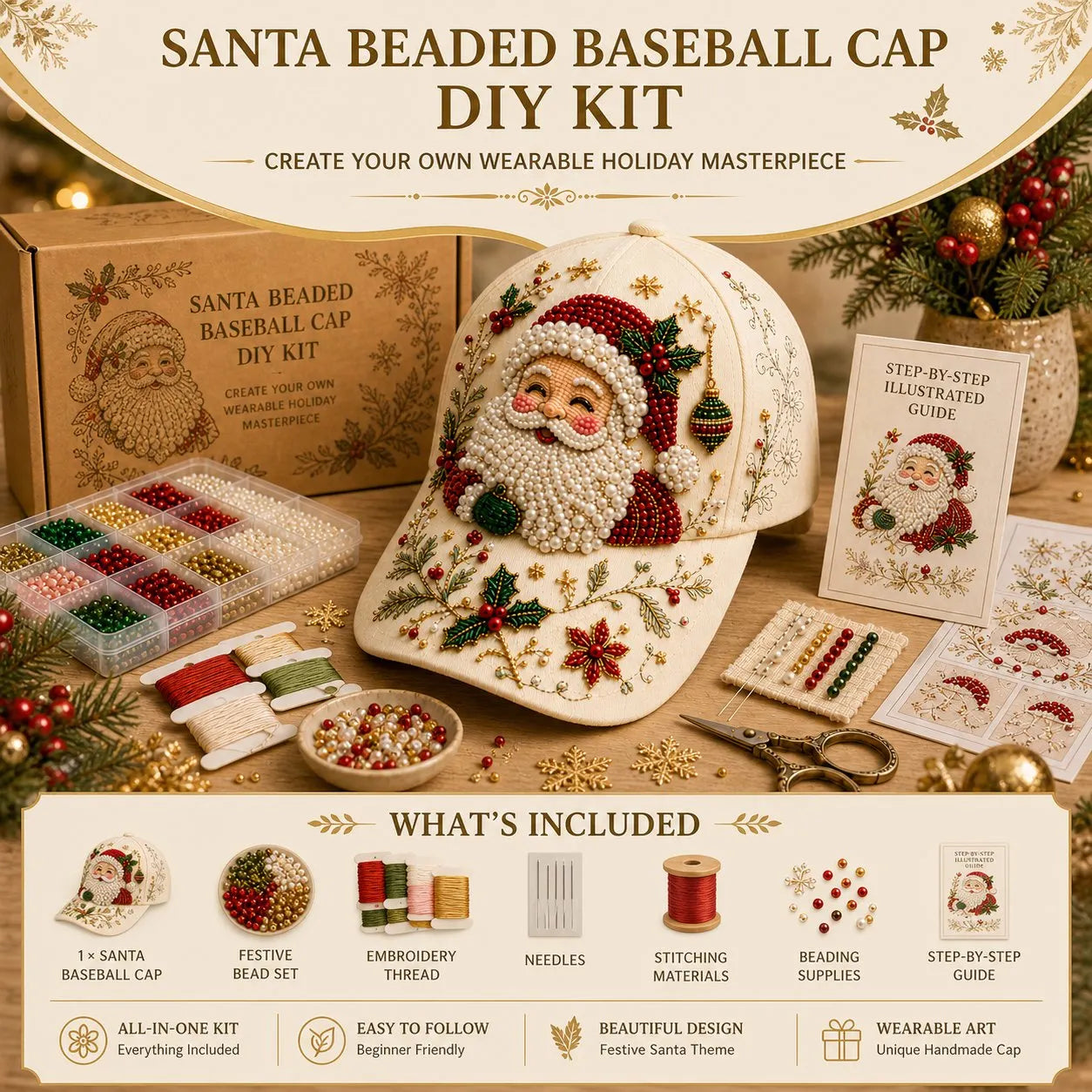 🎄🧢 Premium Christmas Beaded Hat DIY Kit | Luxury Flocked Canvas with Scratch-Resistant Non-Fading Pearl Beads DIY Handmade Holiday Cap Decor 🎅🪡✨