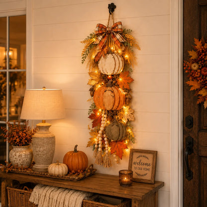 🏡🎃Rustic Wooden Pumpkin Door Hanging with Warm LED Lights