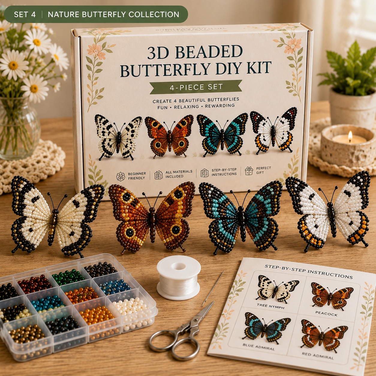3D Beaded Butterfly DIY Kit – 4-Piece Handmade Butterfly Craft Set