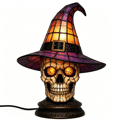 Gothic Stained Glass Witch Black Cat Table Lamp | Halloween Witch Hat Night Light Decor