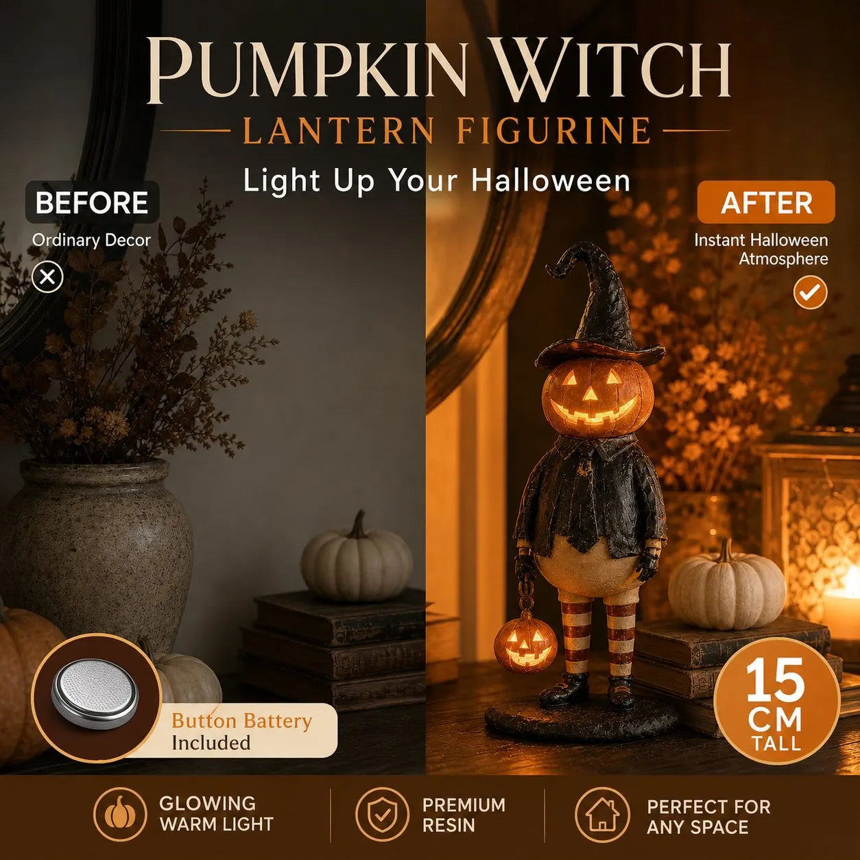🎃 Pumpkin Witch Lantern Halloween Statue