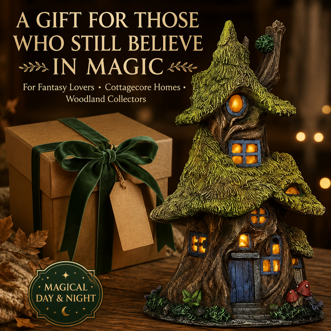 Whimsical Lighted Enchanted Moss Tree House with Timer