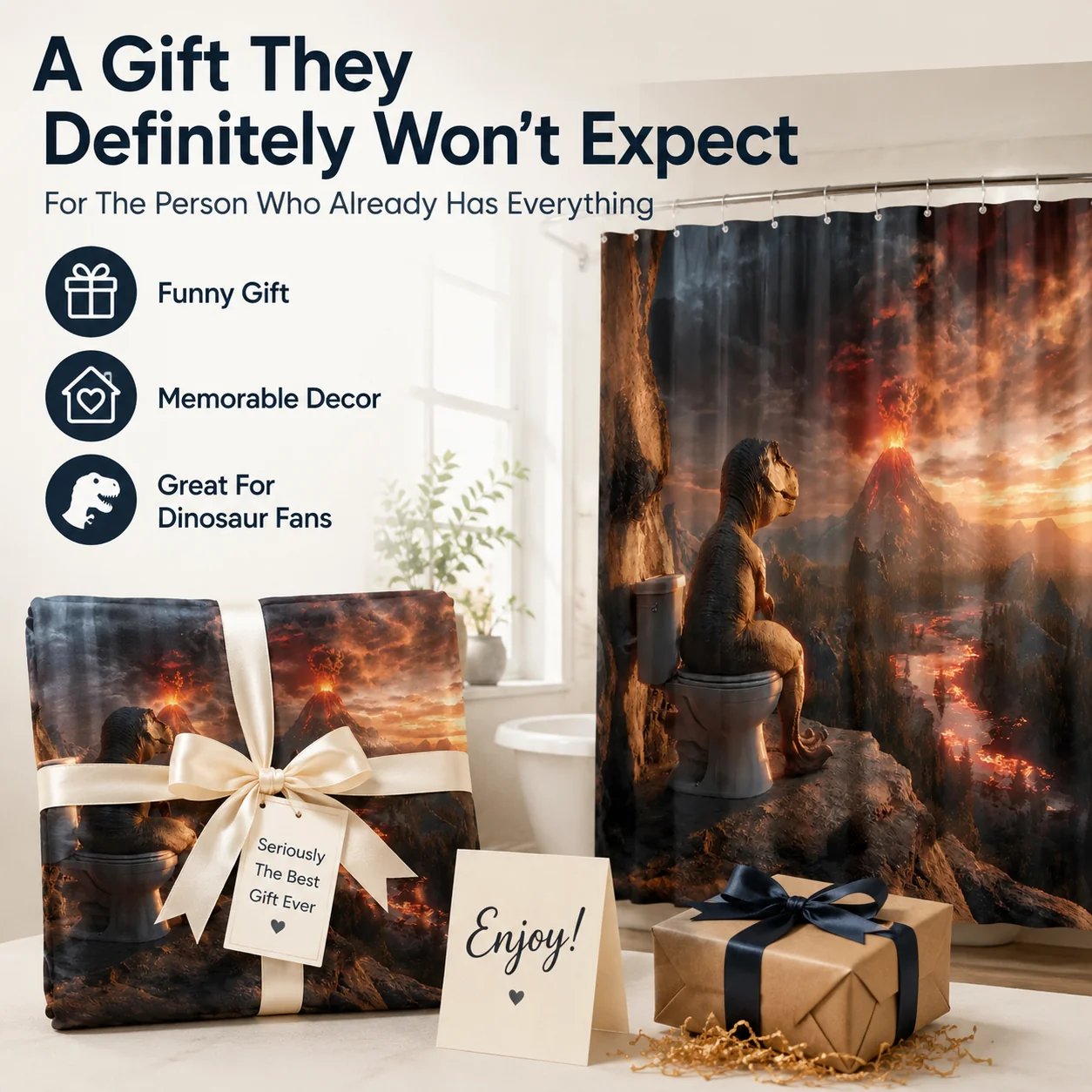 🦖🚽Fun Dinosaur Volcano Bathroom Shower Curtain🤣(📦Buy 2 Free Shipping)