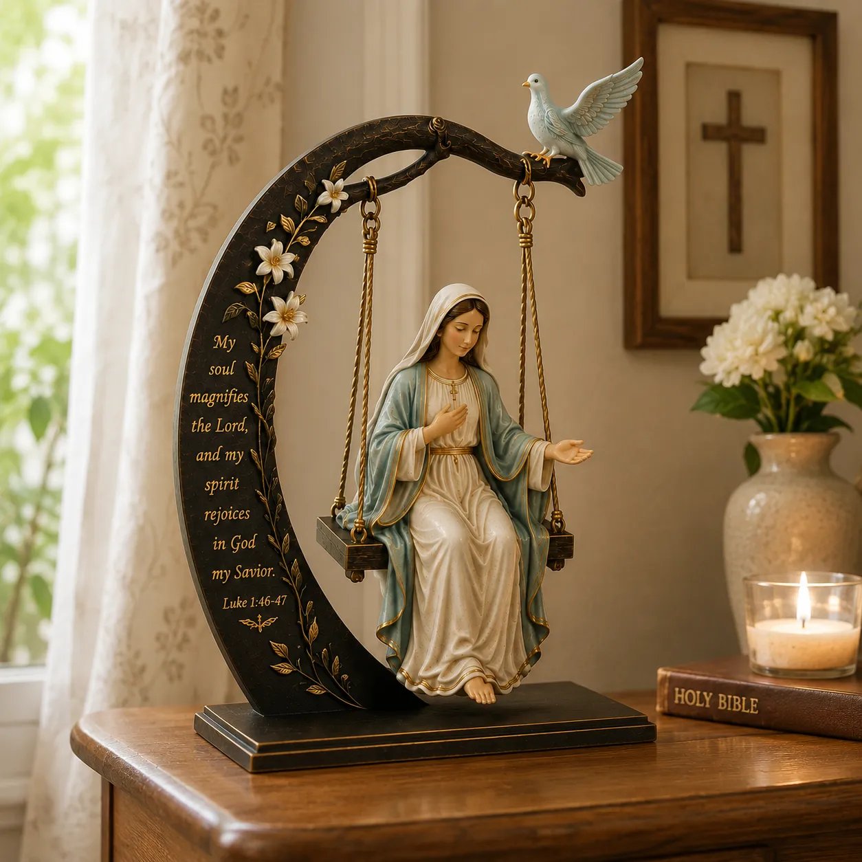 ✝️ Blessed Mary Cradle Swing Ornament – Luke 1:46–47 Faith Table Decor | Holy Virgin Prayer Sculpture with Dove & Crescent Arch Home Decoration