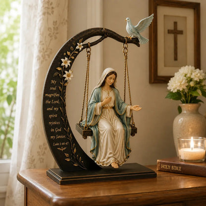 ✝️ Blessed Mary Cradle Swing Ornament – Luke 1:46–47 Faith Table Decor | Holy Virgin Prayer Sculpture with Dove & Crescent Arch Home Decoration
